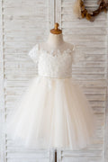 Princess Short Sleeves Ivory Lace Champagne Tulle Wedding Flower Girl Dress