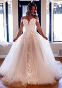 Princess Off Shoulder Chapel Tulle Wedding Dress, Lace Beading