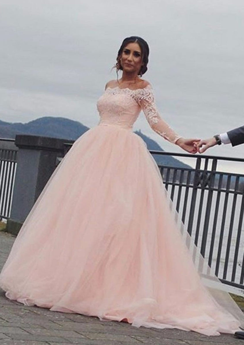 pink court dresses Pastel pink or red off the shoulder tulle ball gown wedding/prom dress with court train