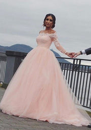 Princess Off Shoulder Court Pink Tulle Wedding Dress Lace -