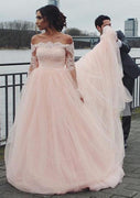 Princess Off Shoulder Court Pink Tulle Wedding Dress, Lace