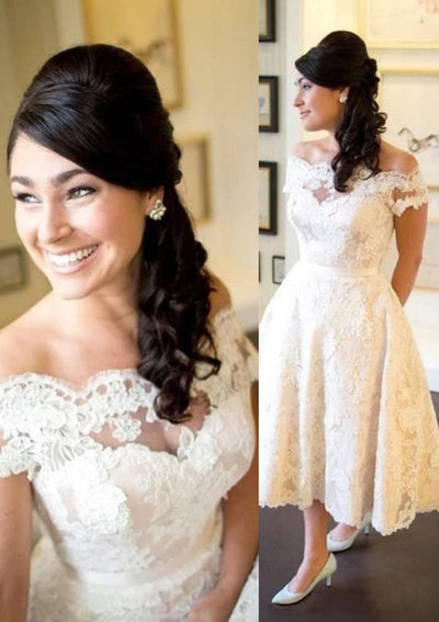Princess Off Shoulder Tea-Length Lace Appliqued Bridal Gown