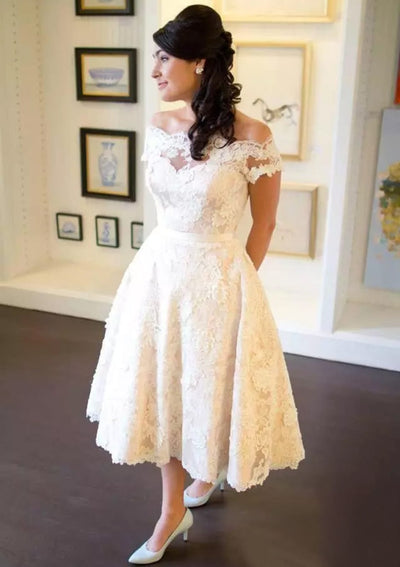 Princess Off Shoulder Tea-Length Lace Appliqued Bridal Gown