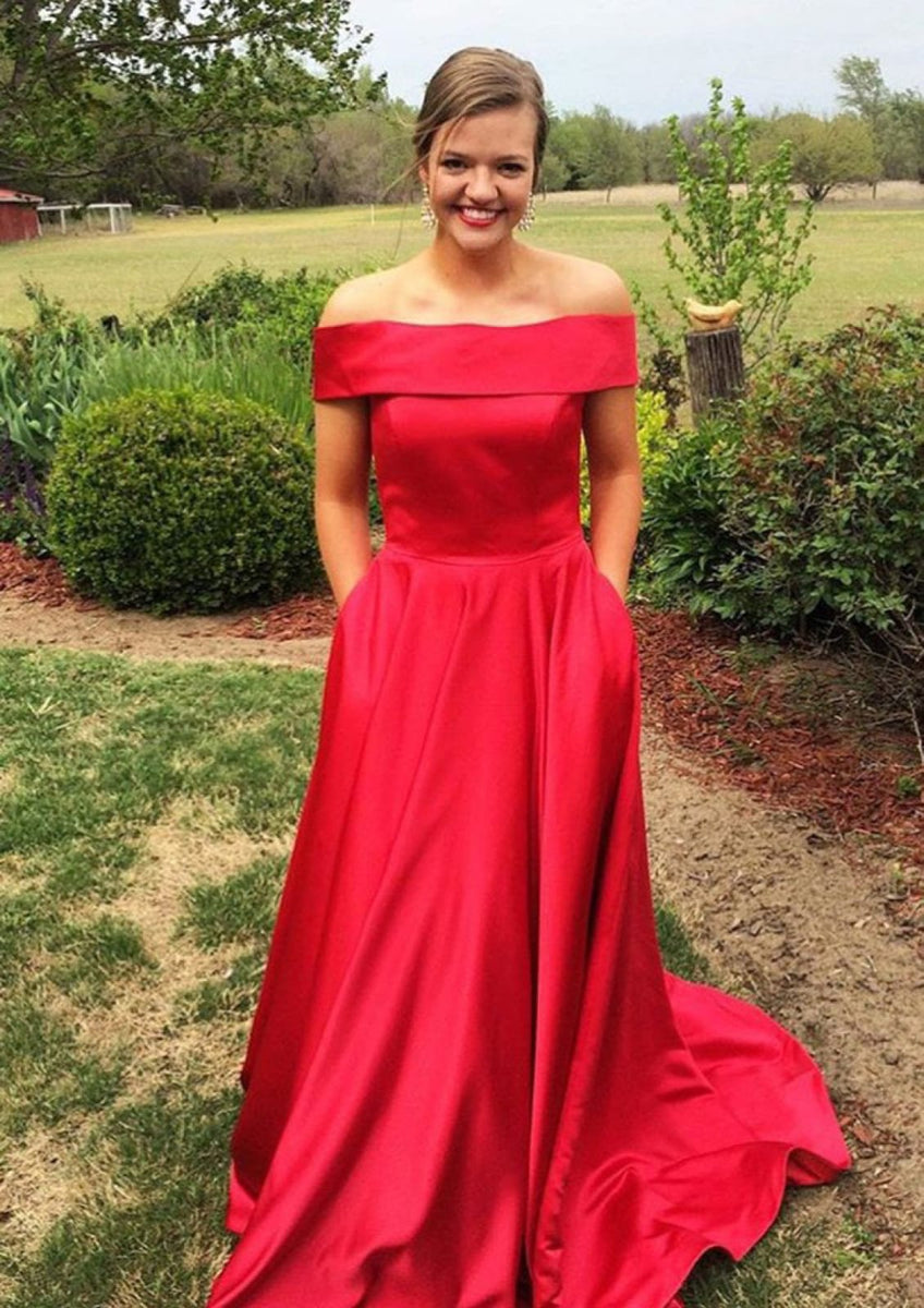 Off the Shoulder Stretch Satin Sweep Train Dress Fuchsia