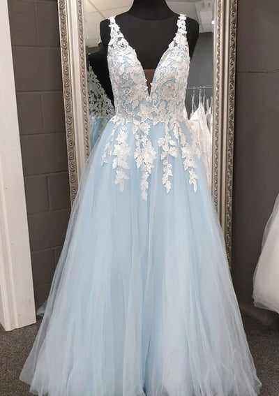 Princess Sleeveless V Neck Long Tulle Formal Party Dress 