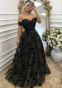 Princess Sweetheart Off Shoulder Sleeveless Long Black Lace Prom Dress