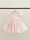 Puff Sleeves Pink Satin Glittering Tulle Neck Wedding Flower Girl Dress, Big Bow