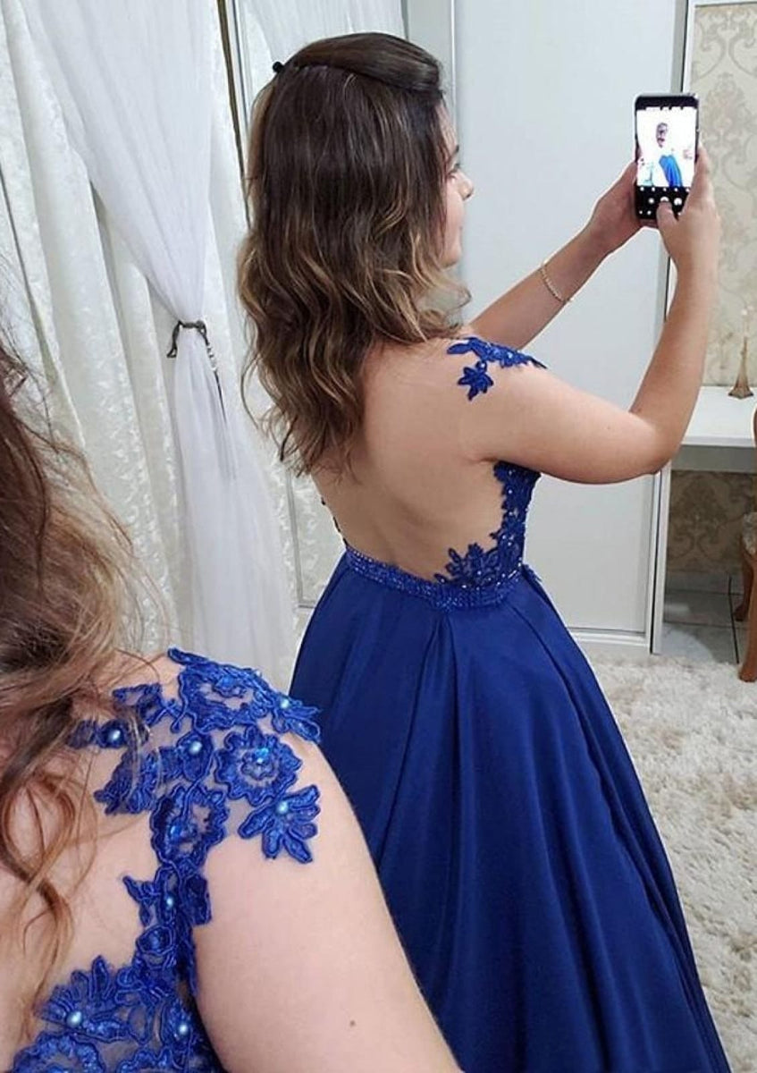 Royal Blue A-line Illusion Back Satin Formal Party Evening Prom Dress, -  Princessly