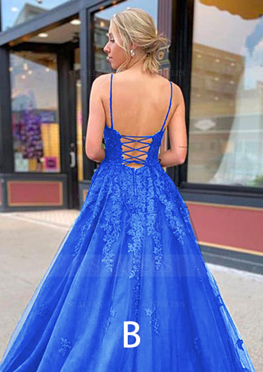 Royal Blue A-line Strap V Neck Open Back Tulle Formal Prom Dress, Lace - Princessly Royal Blue A-line Strap V Neck Open Back Tulle Formal Prom Dress, Lace - Princessly