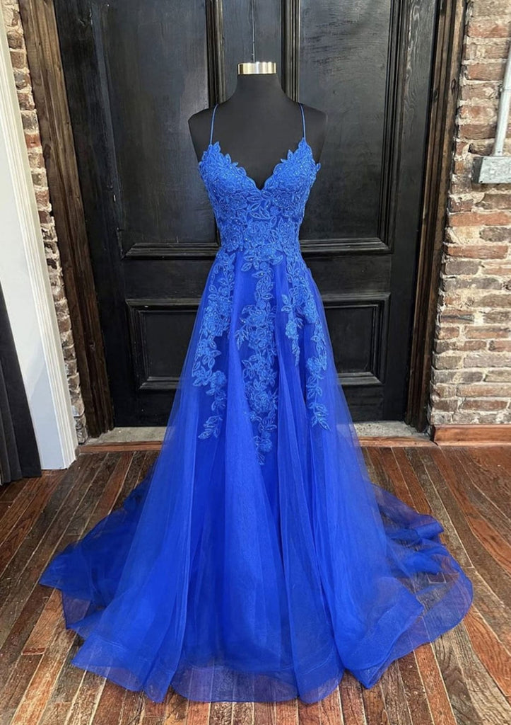 Roayl Blue A-line Spaghetti Strap V Neck Open Back Tulle