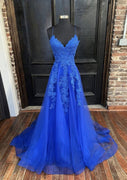 Royal Blue A-line Strap V Neck Open Back Tulle Formal Prom Dress, Lace