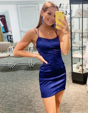 Royal Blue Satin Halter Neck Straps Backless Short