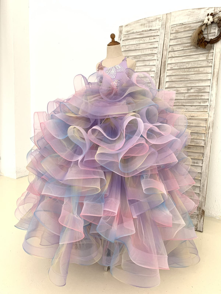 Long Sleeves Burgundy Sequin Ruffles Neck Wedding Flower Girl Dress Kids Party