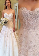 Satin A-Line Wedding Dress Strapless Ivory Lace Tulle Flowers