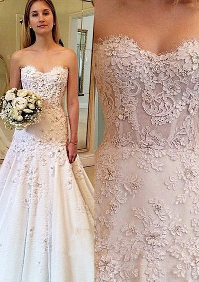 Satin A-Line Wedding Dress Strapless Ivory Lace Tulle