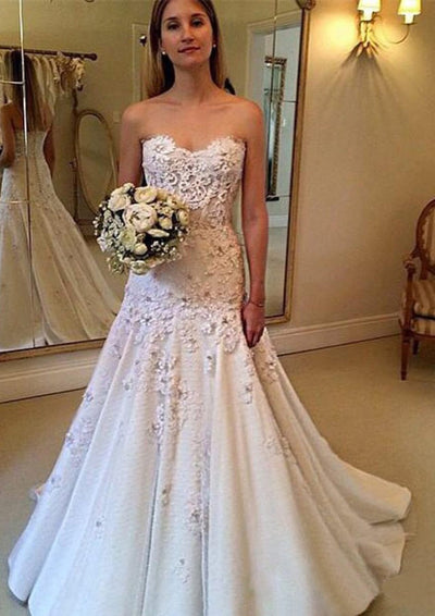 Satin A-Line Wedding Dress Strapless Ivory Lace Tulle
