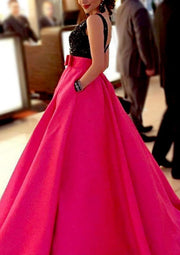 Satin A-Line/Princess Bateau V Back Floor-Length Party Prom