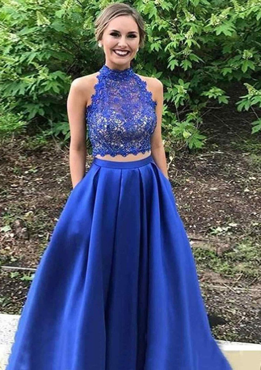 Satin Prom Gown A-Line High-Neck Royal Blue Lace 2 Piece Set Dress Satin Prom Gown A-Line High-Neck Royal Blue Lace 2 Piece Set Dress