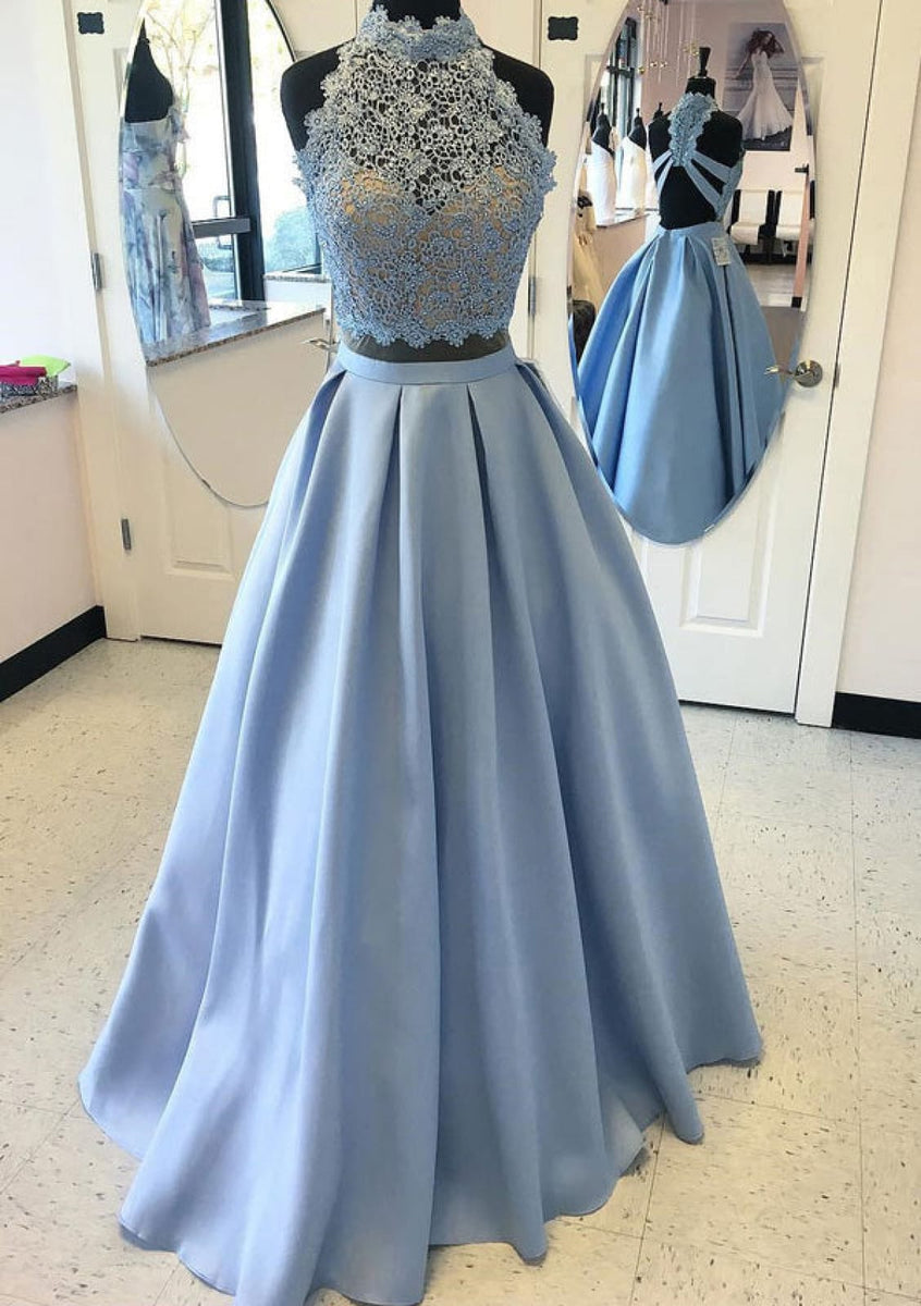 Satin Prom Gown A-Line High-Neck Royal Blue Lace 2 Piece Set Dress Satin Prom Gown A-Line High-Neck Royal Blue Lace 2 Piece Set Dress