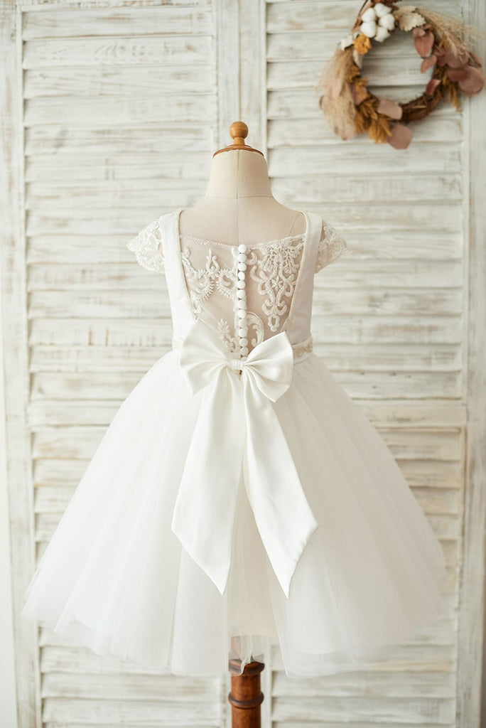 Satin Tulle Beaded Lace Cap Sleeves Sheer Back Wedding