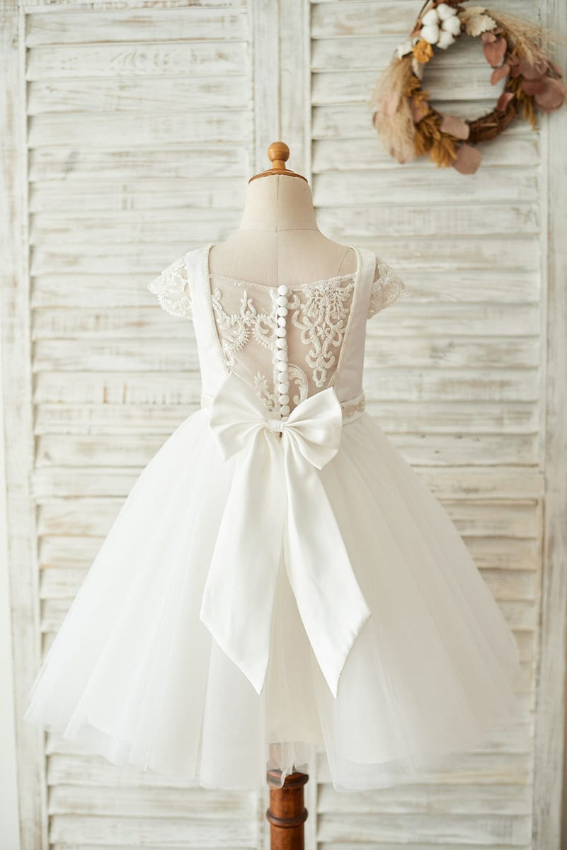 Satin Tulle Beaded Lace Cap Sleeves Sheer Back Wedding Flower Girl Dre Princessly