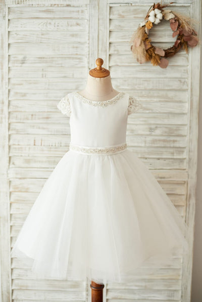 Satin Tulle Beaded Lace Cap Sleeves Sheer Back Wedding
