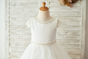 Satin Tulle Beaded Lace Cap Sleeves Sheer Back Wedding