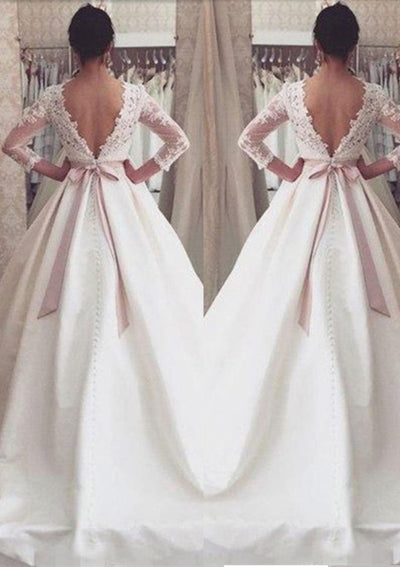 Satin Wedding Dress A-Line Lace Bateau Court Train Sash -