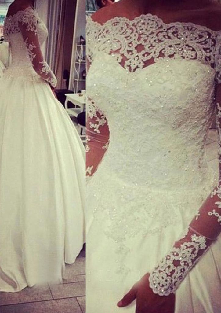 Satin Wedding Dress Off Shoulder Floor Length Beaded Lace -
