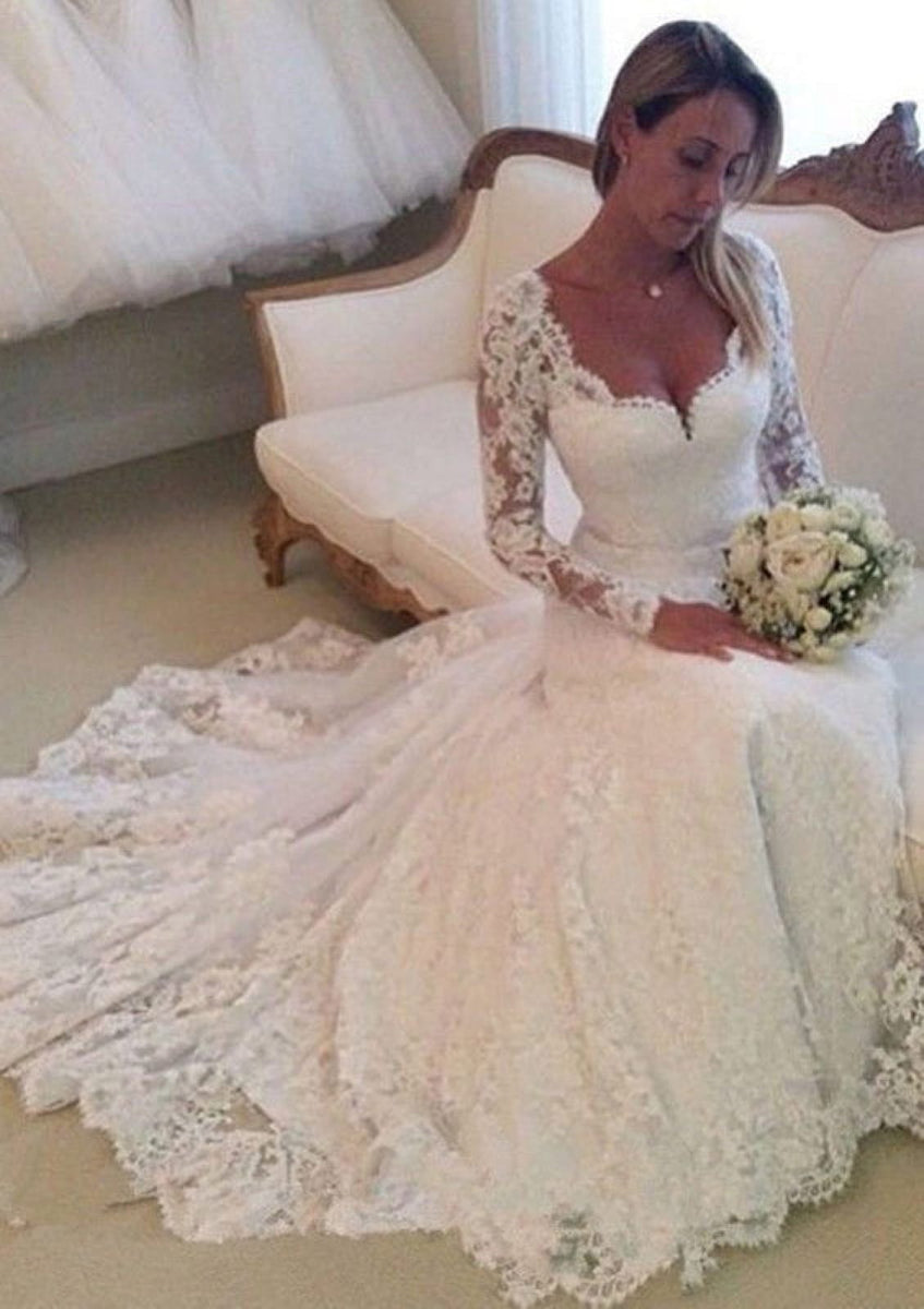 white lace dress with scalloped neck Scalloped Plunging Neck White Unique Wedding Dress