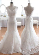 Scalloped V Neck Trumpet Court Lace Long Wedding Dres, Sash