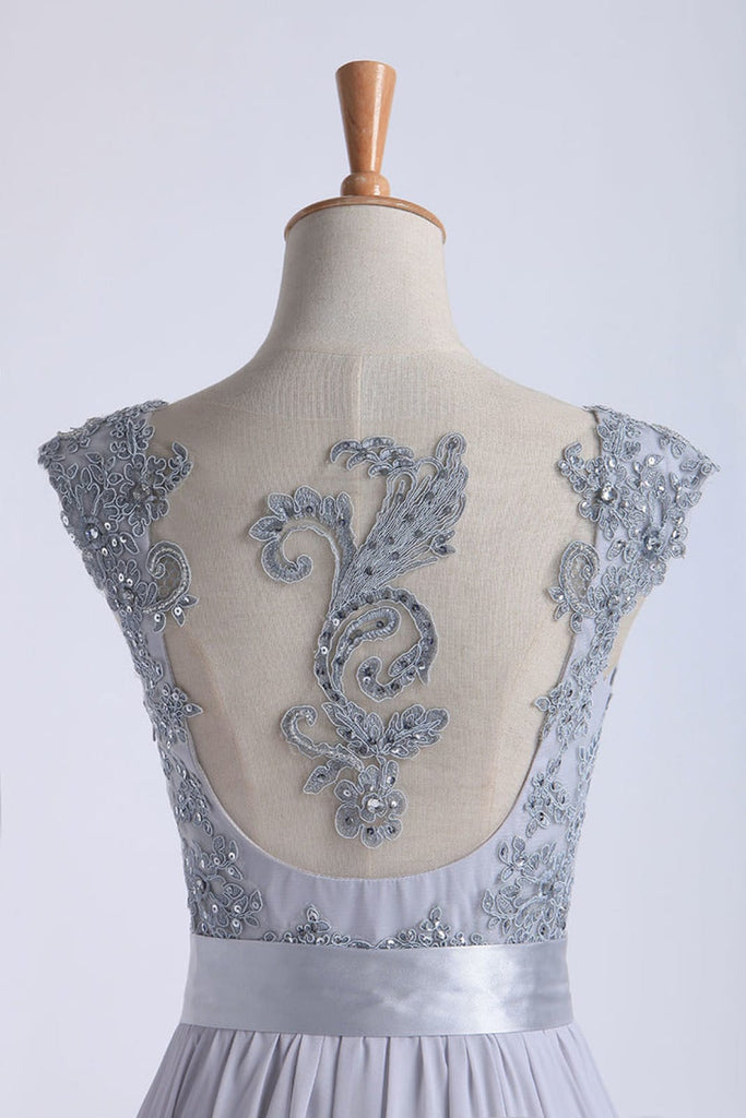 Sequin Applique Cap Sleeve A-line Chiffon Tulle Long Prom