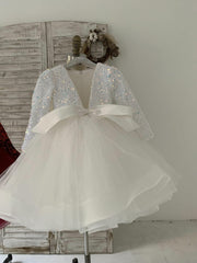 Long Sleeves Sequin Tulle Wedding Party Flower Girl Dress