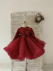 Long Sleeves Sequin Tulle Wedding Party Flower Girl Dress