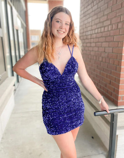 Sexy Black/Royal Blue Sequin V-Neck Double Straps Backless