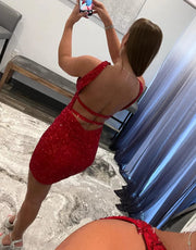 Sexy Cross Neck Backless Red Glitter Sequin Backless Short