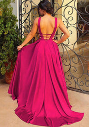 Sexy Deep V Neck Sleeveless Open Back Charmeuse Long Prom