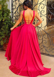 Sexy Deep V Neck Sleeveless Open Back Charmeuse Long Prom