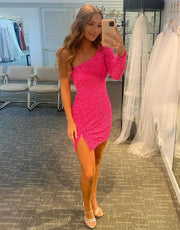 Sexy Glitter One Shoulder Single Sleeve Sequin Homecoming