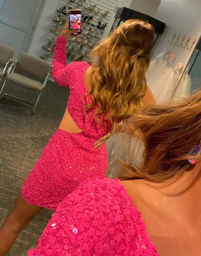 Sexy Glitter One Shoulder Single Sleeve Sequins Homecoming