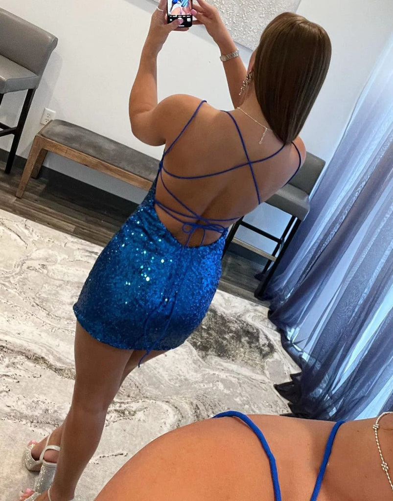 Sexy Halter Neck Royal Blue Sequins Straps Backless Short