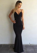 Sexy Jersey Crisscross Back Sweep Train Formal Mermaid Evening Gown Black Prom Dress