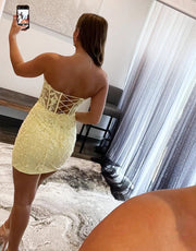 Sexy Lace Strapsless Sweetheart Corset Back Short Mini