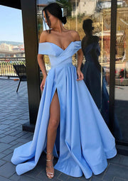 Sexy A-line Off Shoulder Straps Sweep Train Satin Long Prom 