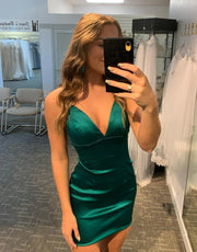 Sexy V Neck Green Satin Spaghetti Straps Backless Short