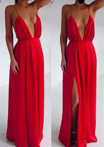 Sexy Sheath Plunging Spaghetti Strap Backless Charmeuse