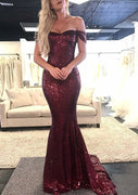 Sexy Off Shoulder Floor Length Sweep Train Burgundy Sequin Mermaid Evening Dress