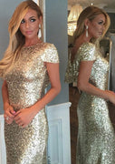 Sheath Bateau Short Sleeve Draped Floor Length Sweep Gold Sequin Evening Dress