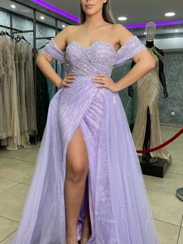Sheath / Column Prom Dresses Sparkle & Shine Dress Prom Sweep / Brush Train Short Sleeve Sweetheart Detachable Sequined with Slit Overskirt Sheath / Column Prom Dresses Sparkle & Shine Dress Prom Sweep / Brush Train Short Sleeve Sweetheart Detachable Sequined with Slit Overskirt
