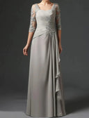 Sheath Half Sleeve Gathered Long Chiffon Wedding Guest/Mother of Bride Dress